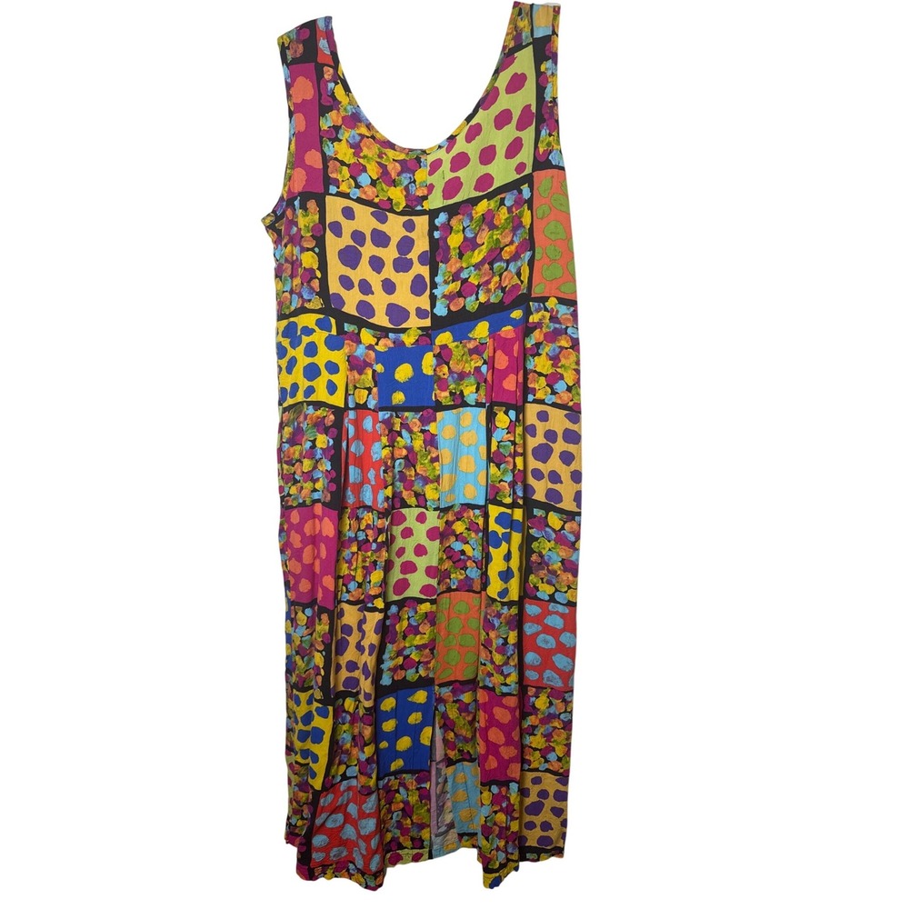 Jams World Womens Small Patchwork Polka Dot Rayon Sleeveless Midi Dress Pockets - Picture 4 of 6